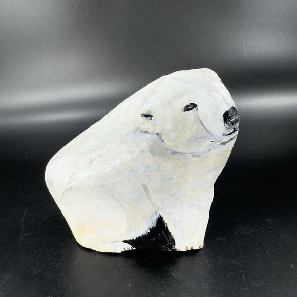 Hand Painted Folk Art Stone Paperweight Figurine Polar Bear Heavy Signed Lejman - Picture 15 of 15